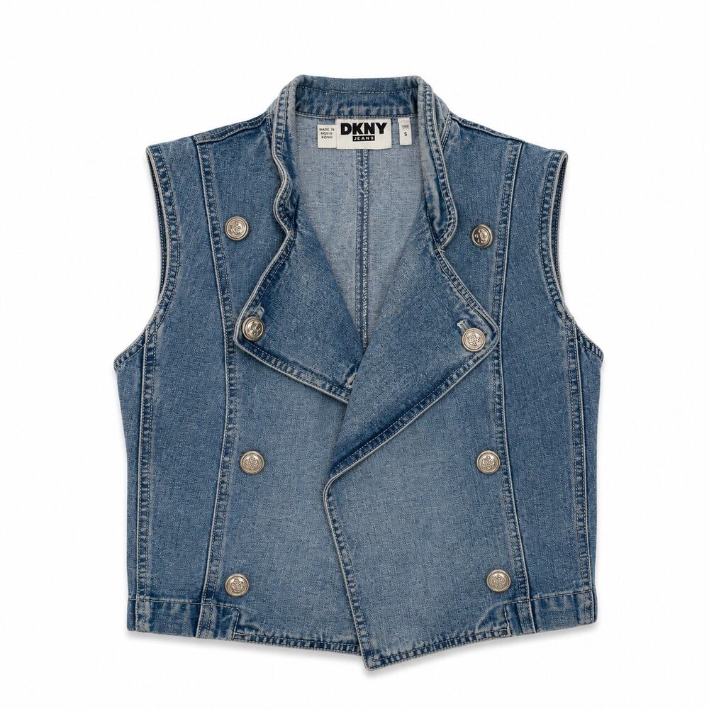 Vintage DKNY Double Breasted Cropped Denim Moto Vest Blue Size PXS 90s